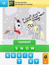 Size: 500x667 | Tagged: safe, artist:drawsomeponies, derpy hooves, pegasus, pony, draw something, female, i just don't know what went wrong, mare, snow, snowfall, snowman, snowpony