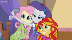 Size: 900x506 | Tagged: safe, screencap, fluttershy, rarity, spike, sunset shimmer, dog, equestria girls, rainbow rocks, animated, phone, photobomb, selfie, spike gets all the mares, spike the dog