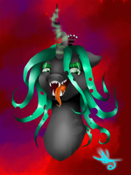 Size: 1500x2000 | Tagged: safe, artist:hanbusakuni, queen chrysalis, changeling, changeling queen, bust, looking at you, open mouth, portrait, sharp teeth, solo, tongue out