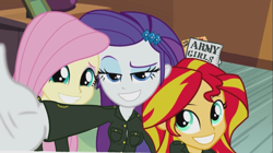 Size: 907x507 | Tagged: safe, artist:varemia, edit, edited screencap, screencap, fluttershy, rarity, sunset shimmer, equestria girls, rainbow rocks, army, clothes, grin, military, military uniform, selfie, uniform