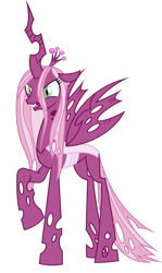 Size: 1024x1716 | Tagged: safe, artist:blah23z, cheerilee, queen chrysalis, changeling, changeling queen, female, open mouth, palette swap, raised hoof, recolor, simple background, solo, transparent background