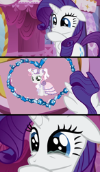 Size: 640x1096 | Tagged: safe, edit, edited screencap, screencap, rarity, sweetie belle, pony, unicorn, sisterhooves social, clothes, comic, dress, floppy ears, floral head wreath, flower, flower girl, screencap comic, solo, teary eyes