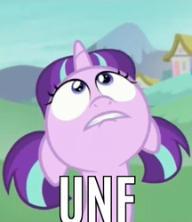 Size: 884x1024 | Tagged: safe, edit, edited screencap, screencap, starlight glimmer, pony, unicorn, the crystalling, caption, filly, floppy ears, image macro, lip bite, looking up, meme, reaction image, solo, text, twintails, unf, younger