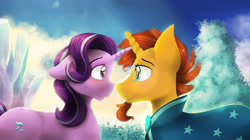 Size: 2000x1123 | Tagged: safe, artist:blackligerth, starlight glimmer, sunburst, pony, unicorn, the crystalling, cute, eye contact, female, looking at each other, male, shipping, starburst, straight