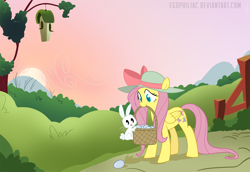 Size: 1800x1238 | Tagged: safe, artist:egophiliac, angel bunny, fluttershy, pegasus, pony, basket, egg, hat