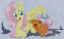 Size: 650x400 | Tagged: safe, artist:zowieblaze, fluttershy, pegasus, pony, colored pupils, female, flower, flower in hair, mare, one wing out, open mouth, pokémon, rain, torchic