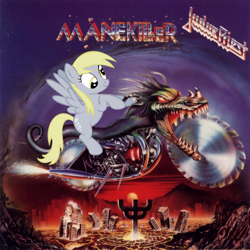 Size: 700x700 | Tagged: safe, artist:jblesh, derpy hooves, pegasus, pony, album cover, female, judas priest, mare, painkiller, parody