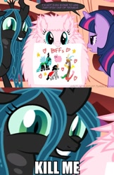 Size: 622x960 | Tagged: safe, artist:mixermike622, edit, discord, king sombra, queen chrysalis, twilight sparkle, oc, oc:fluffle puff, changeling, changeling queen, pony, unicorn, gritted teeth, image macro, kill me, meme, tumblr:ask fluffle puff