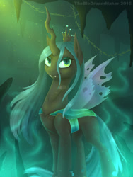 Size: 1000x1333 | Tagged: safe, artist:thebluedreammaker, queen chrysalis, changeling, changeling queen, female, looking at you, smiling, solo