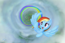 Size: 1630x1078 | Tagged: safe, artist:stratodraw, derpibooru import, rainbow dash, pegasus, pony, cloud, cute, dashabetes, female, flying, mare, multicolored hair, smiling, solo