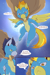 Size: 960x1440 | Tagged: safe, artist:cold-blooded-twilight, soarin', spitfire, pegasus, pony, comic:cold storm, :<, belly button, cloak, clothes, comic, dialogue, flying, looking down, moon, spread wings, stars, uniform, wonderbolts, wonderbolts uniform
