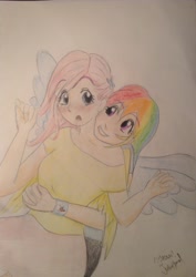 Size: 1836x2592 | Tagged: safe, artist:fireferretpabu13, derpibooru import, fluttershy, rainbow dash, human, female, flutterdash, hug, humanized, lesbian, shipping, traditional art