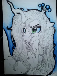 Size: 1224x1632 | Tagged: safe, artist:lupiarts, queen chrysalis, changeling, changeling queen, bust, portrait, solo, traditional art