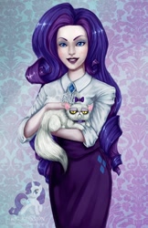 Size: 646x1000 | Tagged: safe, artist:the-dkid, opalescence, rarity, clothes, grumpy cat, humanized, pale skin, smiling