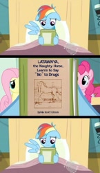 Size: 581x1000 | Tagged: safe, derpibooru import, edit, edited screencap, screencap, fluttershy, pinkie pie, rainbow dash, earth pony, pegasus, pony, read it and weep, bed, book, comic, hospital bed, meme, reading rainbow, screencap comic, wat