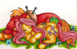 Size: 720x460 | Tagged: safe, artist:wetpaint, big macintosh, fluttershy, earth pony, pegasus, pony, fluttermac, male, shipping, sleeping, stallion, straight, traditional art