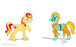 Size: 1920x1200 | Tagged: safe, artist:iceisland, lightning dust, sunset shimmer, pegasus, pony, unicorn, belt, bound wings, bridle, clothes, embarrassed, prison outfit, prisoner, smirk