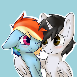 Size: 3000x3000 | Tagged: safe, artist:dbleki, derpibooru import, rainbow dash, oc, oc:shiron, alicorn, pegasus, pony, alicorn oc, blushing, canon x oc, hug, one eye closed, shinbow, shipping, winghug