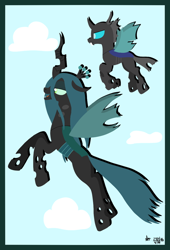 Size: 600x882 | Tagged: safe, artist:aracage, queen chrysalis, changeling, changeling queen, flying, smiling