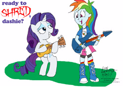 Size: 2592x1841 | Tagged: safe, artist:newportmuse, derpibooru import, rainbow dash, rarity, unicorn, equestria girls, honest apple, boots, clothes, compression shorts, excited, grass, guitar, guitarity, multicolored hair, rock on, shoes, simple background, skirt, white background