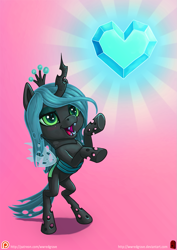 Size: 905x1280 | Tagged: safe, artist:wwredgrave, queen chrysalis, changeling, changeling queen, antagonist, bipedal, blushing, chibi, crystal heart, cute, cutealis, female, filly, simple background, solo