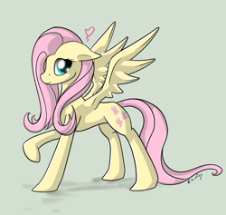 Size: 1820x1728 | Tagged: safe, artist:exxiry, fluttershy, pegasus, pony, female, floppy ears, heart, looking at you, mare, raised hoof, simple background, smiling, solo, spread wings, standing, wings