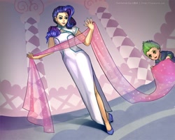 Size: 1050x840 | Tagged: safe, artist:shattered-earth, rarity, spike, cheongsam, cloth, clothes, high heels, humanized, shoes