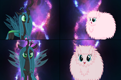 Size: 1264x832 | Tagged: safe, queen chrysalis, oc, oc:fluffle puff, changeling, changeling queen, pony, canon x oc, chrysipuff, female, hunter x hunter, lesbian, mare, parody, shipping