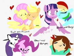 Size: 1024x768 | Tagged: safe, artist:supernoncutie, derpibooru import, applejack, fluttershy, pinkie pie, rainbow dash, rarity, twilight sparkle, twilight sparkle (alicorn), alicorn, human, pony, alliteration, appleshy, blush sticker, blushing, female, heart, lesbian, mane six, mare, missing accessory, raripie, shipping, twidash