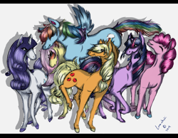 Size: 1036x805 | Tagged: safe, artist:luna-chichi, derpibooru import, applejack, fluttershy, pinkie pie, rainbow dash, rarity, twilight sparkle, earth pony, pegasus, pony, unicorn, mane six