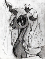 Size: 1052x1386 | Tagged: safe, artist:il-phantom, queen chrysalis, changeling, changeling queen, female, monochrome, solo, traditional art