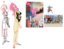 Size: 1200x924 | Tagged: safe, artist:ross irving, fluttershy, bikini, breasts, chun li, hootershy, humanized, street fighter