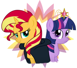 Size: 900x798 | Tagged: safe, artist:fluutters, sunset shimmer, twilight sparkle, twilight sparkle (alicorn), alicorn, pony, unicorn, equestria girls, big crown thingy, cloak, clothes