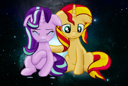 Size: 1195x796 | Tagged: safe, artist:majkashinoda626, starlight glimmer, sunset shimmer, pony, unicorn, comforting, counterparts, crying, female, floppy ears, mare, pain, sad, sadlight glimmer, sunsad shimmer, twilight's counterparts