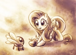 Size: 1000x726 | Tagged: safe, artist:kp-shadowsquirrel, fluttershy, parasprite, pegasus, pony, apple, monochrome, solo