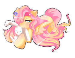 Size: 810x630 | Tagged: safe, artist:crownofspadez, fluttershy, pegasus, pony, blushing, female, flower, flower in hair, hair over one eye, lidded eyes, mare, open mouth, outline, plushie, prone, simple background, solo, three quarter view, transparent background, white outline, wings