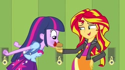 Size: 800x450 | Tagged: safe, artist:alui, edit, edited screencap, screencap, sunset shimmer, twilight sparkle, equestria girls, equestria girls (movie), hay burger, twilight burgkle