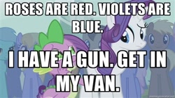 Size: 400x225 | Tagged: safe, edit, edited screencap, screencap, rarity, spike, dragon, earth pony, pony, unicorn, boast busters, bad pickup line spike, caption, female, image macro, male, mare, stallion, threat