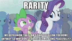 Size: 400x225 | Tagged: safe, edit, edited screencap, screencap, rarity, spike, dragon, earth pony, pony, unicorn, boast busters, bad pickup line spike, caption, male, mare, stallion