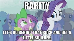 Size: 400x225 | Tagged: safe, edit, edited screencap, screencap, rarity, spike, dragon, earth pony, pony, unicorn, boast busters, bad pickup line spike, caption, innuendo, male, mare, stallion