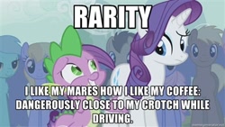 Size: 400x225 | Tagged: safe, edit, edited screencap, screencap, rarity, spike, dragon, earth pony, pony, unicorn, boast busters, bad pickup line spike, caption, innuendo, male, mare, stallion