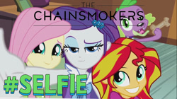 Size: 1280x716 | Tagged: safe, edit, edited screencap, screencap, fluttershy, rarity, spike, sunset shimmer, dog, equestria girls, rainbow rocks, #selfie, photobomb, selfie, spike gets all the mares, spike the dog, the chainsmokers