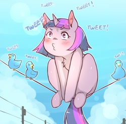 Size: 852x840 | Tagged: safe, artist:cold-blooded-twilight, twilight sparkle, unicorn twilight, bird, pony, unicorn, behaving like a bird, cold blooded twilight, female, mare, meta, power line, silly, silly pony, solo, tumblr, tumblr 2018 nsfw purge, twitter