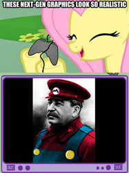 Size: 563x752 | Tagged: safe, fluttershy, human, pegasus, pony, controller, exploitable meme, eyes closed, female, gamershy, happy, hoof hold, irl, irl human, josef stalin, mare, mario, meme, open mouth, photo, pink mane, screen, smiling, super mario bros., tv meme, yellow coat