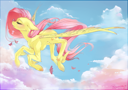 Size: 1697x1200 | Tagged: safe, artist:cindacry, fluttershy, butterfly, pegasus, pony, eyes closed, flying, solo, unshorn fetlocks