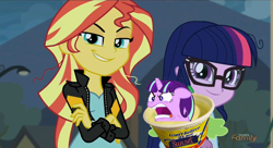 Size: 1124x610 | Tagged: safe, artist:solar flair, edit, edited screencap, screencap, sci-twi, starlight glimmer, sunset shimmer, twilight sparkle, equestria girls, 30 minute art challenge, butter, discovery family logo, food