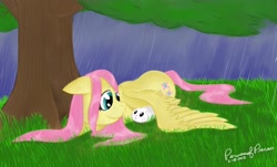 Size: 1428x865 | Tagged: safe, artist:peruserofpieces, angel bunny, fluttershy, pegasus, pony, female, mare, rain