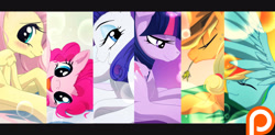 Size: 2944x1445 | Tagged: safe, artist:lilapudelpony, derpibooru import, applejack, fluttershy, pinkie pie, rainbow dash, rarity, twilight sparkle, earth pony, pegasus, pony, unicorn, bedroom eyes, blushing, looking at you, mane six, patreon, patreon logo, wallpaper