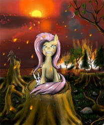 Size: 997x1200 | Tagged: safe, artist:hereticofdune, angel bunny, fluttershy, pegasus, pony, rabbit, animal, burning, crying, devistation, female, fire, forest, mare, sitting, tree