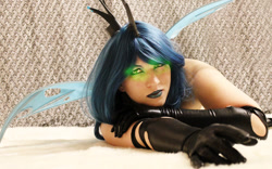 Size: 1280x800 | Tagged: safe, artist:flitzichen, queen chrysalis, human, clothes, cosplay, costume, glowing eyes, irl, irl human, photo, solo